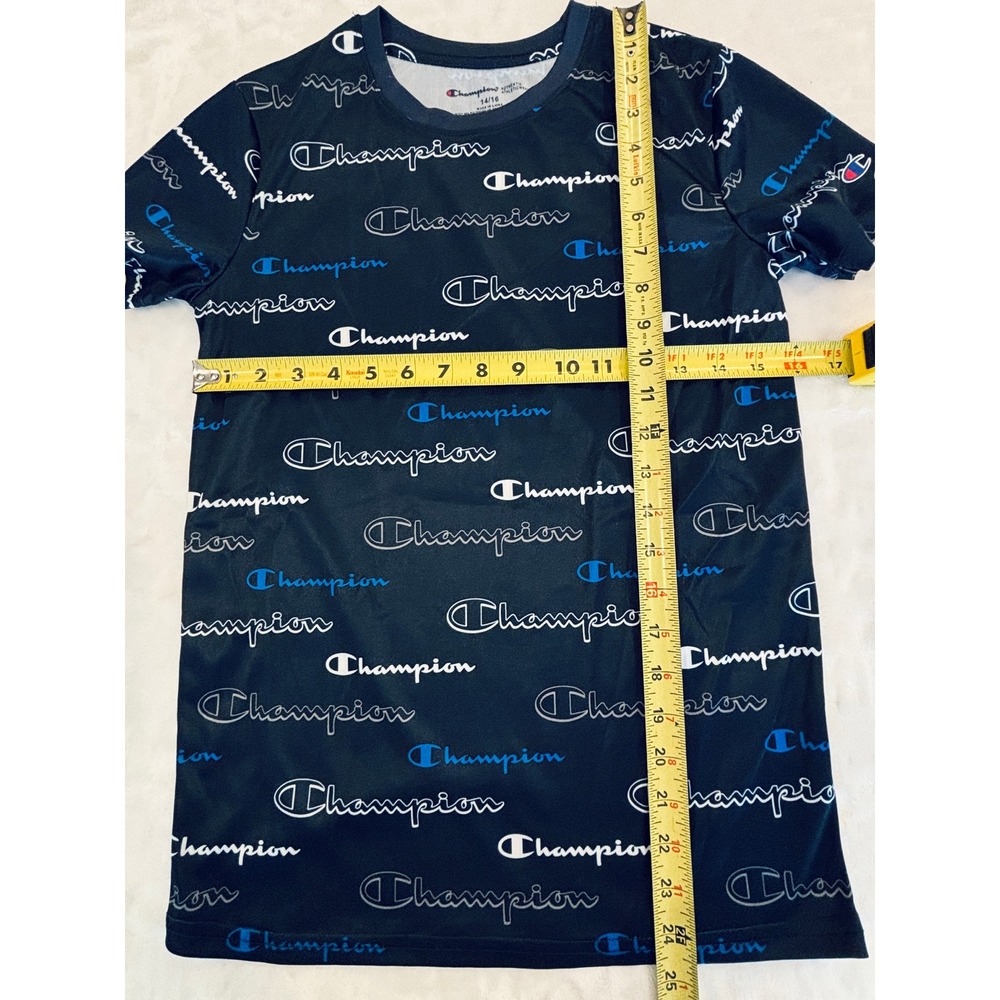 Champion Boys Navy Blue All Over Logo Print Performance T-Shirt Size 14/16 L - Picture 4 of 4